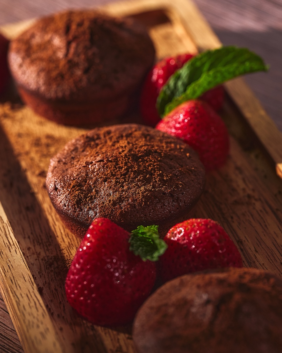 Chocolate lava cakes with strawberries and mint on a wooden board