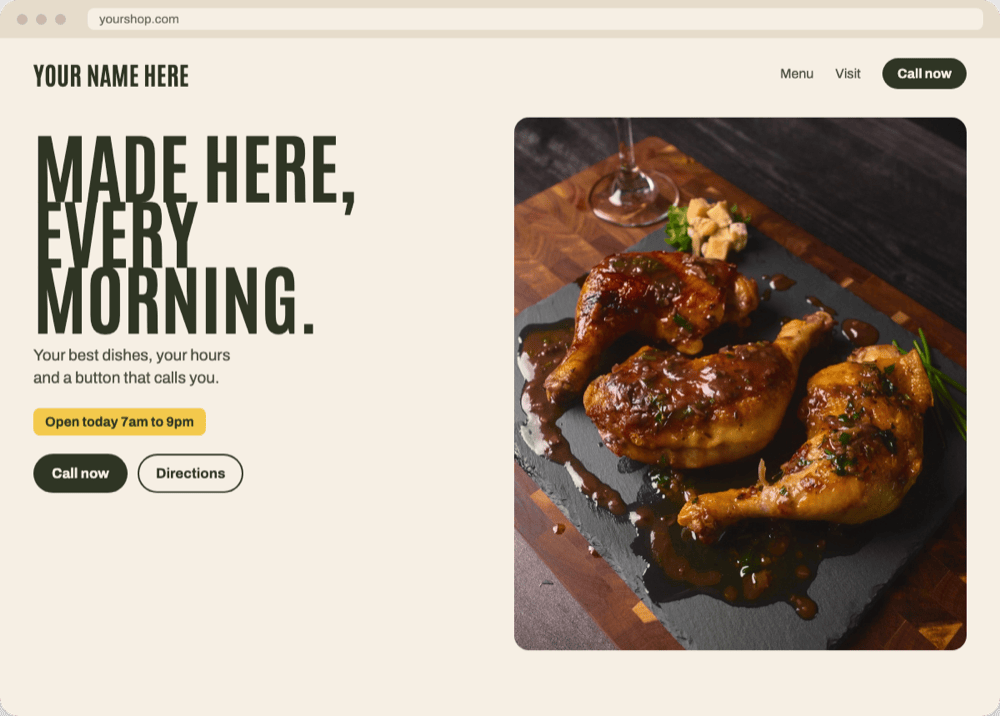 Example website: Your name here, a call button and a food photo